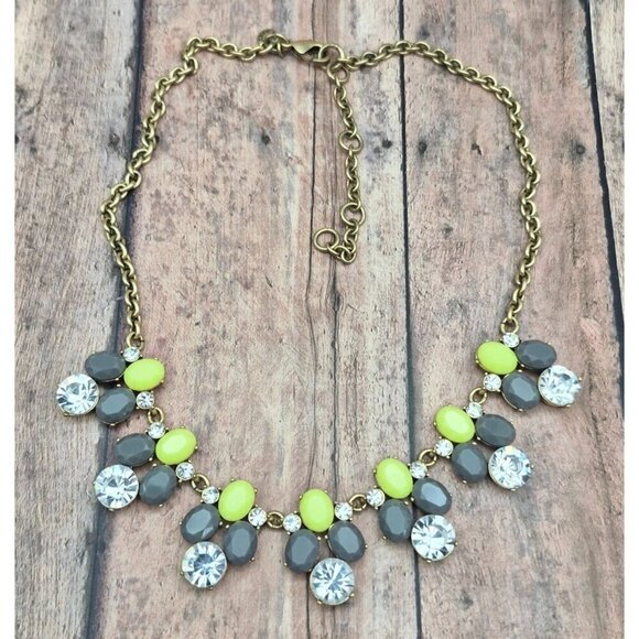 J.Crew Gold Tone Gray & Green Statement Collar Necklace Clear Crystals Bib 20" - Picture 8 of 9